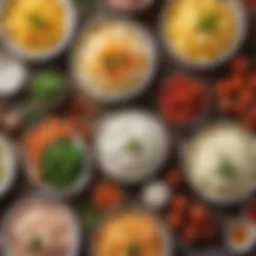 A vibrant assortment of soft food options including mashed potatoes, yogurt, and pureed vegetables.