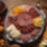 Artfully arranged summer sausage platter with cheese and fruits