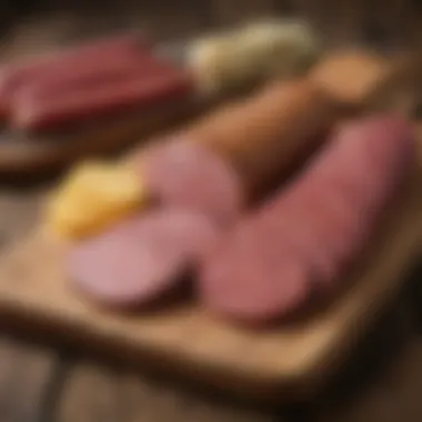 A variety of summer sausage types displayed on a rustic wooden board