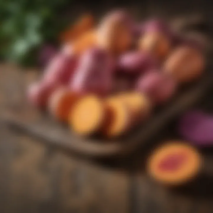 An array of vibrant sweet potatoes of different varieties on a rustic wooden table.