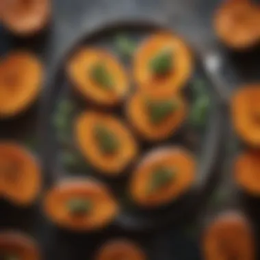 A beautifully plated dish featuring roasted sweet potatoes garnished with fresh herbs.