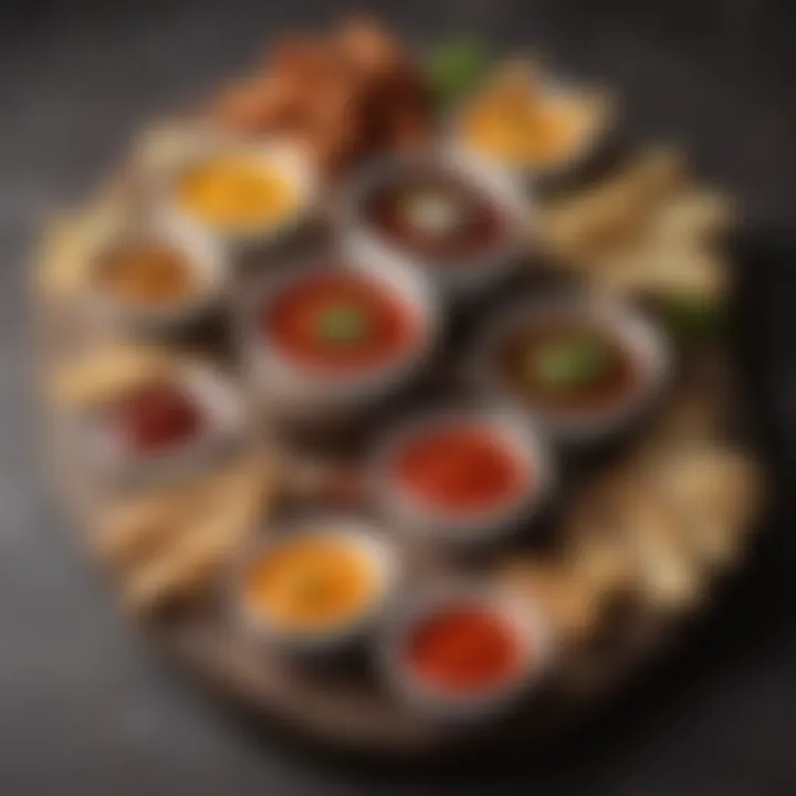 A selection of dipping sauces arranged creatively beside wings