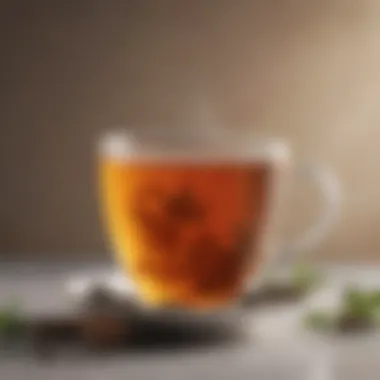 A close-up of a tea cup with tea leaves floating, showcasing the brewing process