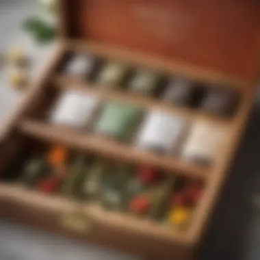 A beautifully designed tea box open to reveal an array of tea samples