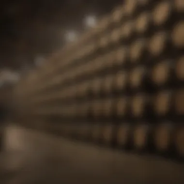 An array of aging barrels stacked in a dimly lit warehouse