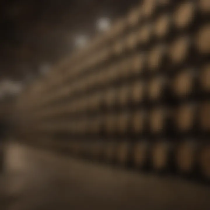 An array of aging barrels stacked in a dimly lit warehouse