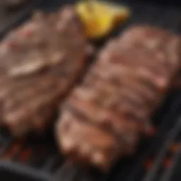 A rustic grill adorned with various cuts of meat seasoned with salt and pepper.