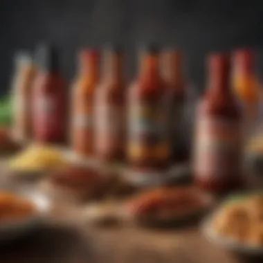 A variety of barbeque sauces arranged artistically on a table