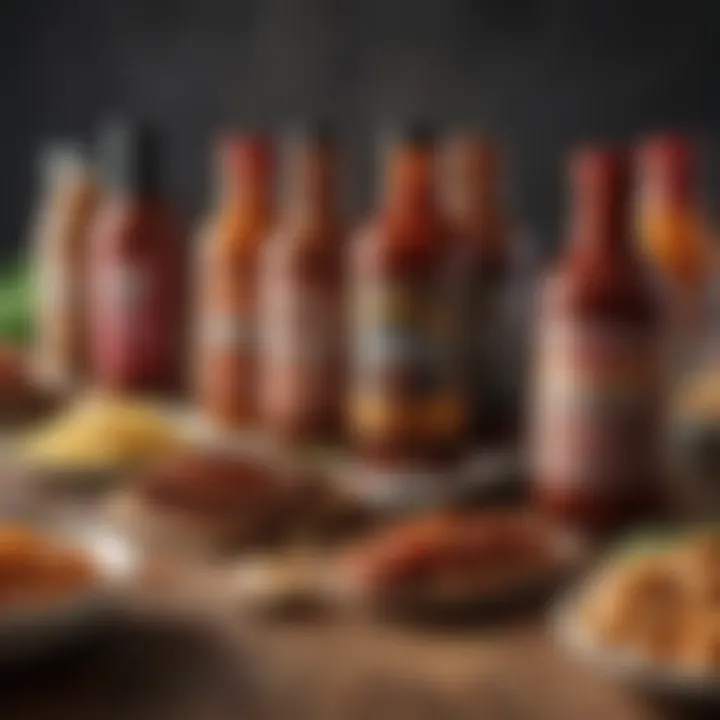 A variety of barbeque sauces arranged artistically on a table
