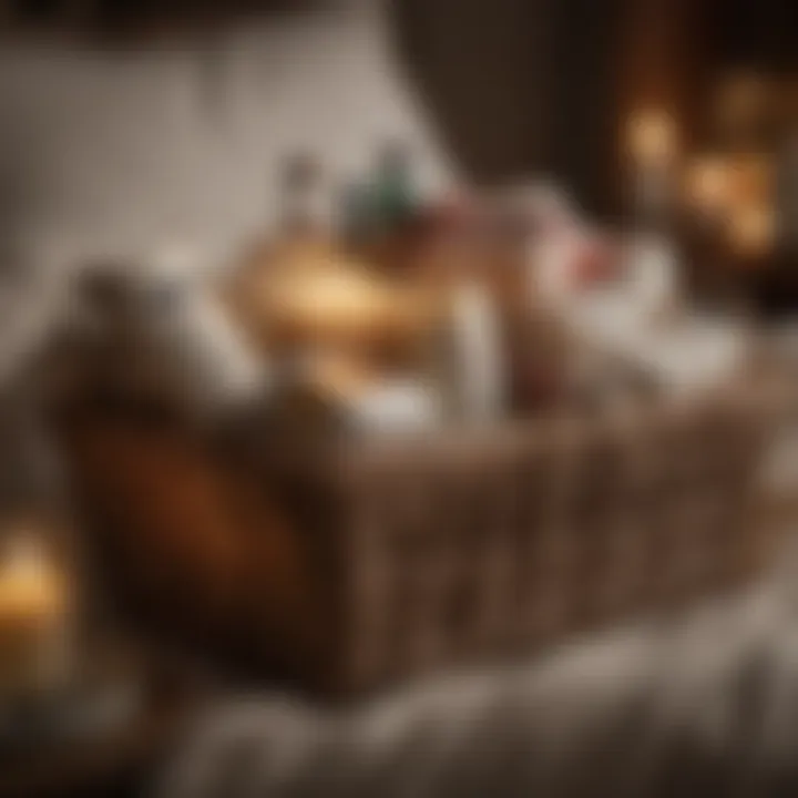 A cozy-themed gift basket designed for relaxation, containing scented candles and plush blankets, ideal for comforting gifts.
