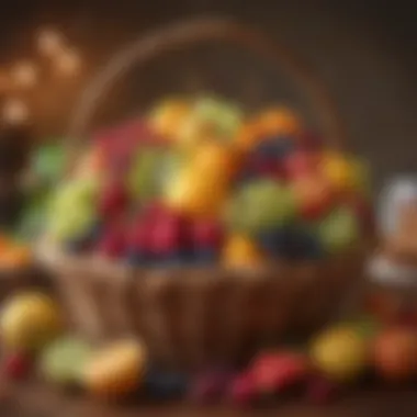Festive Fruit Basket for Joyous Occasions A vibrant and colorful gift basket featuring an assortment of fresh fruits and sweet treats, perfect for festive occasions.
