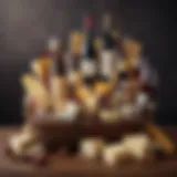 A beautifully arranged gourmet gift basket showcasing an array of artisanal cheeses and fine wines, perfect for celebrations.