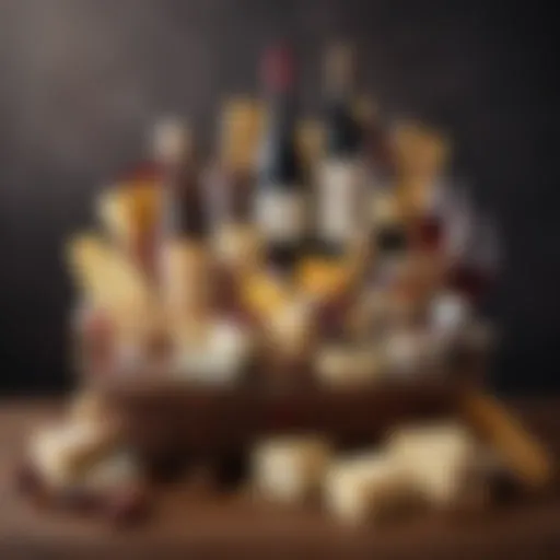 A beautifully arranged gourmet gift basket showcasing an array of artisanal cheeses and fine wines, perfect for celebrations.