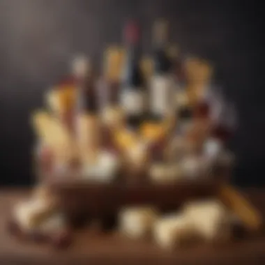 Gourmet Gift Basket for Celebrations A beautifully arranged gourmet gift basket showcasing an array of artisanal cheeses and fine wines, perfect for celebrations.