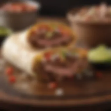 A close-up of a carne asada burrito cut in half, revealing its rich and flavorful interior.