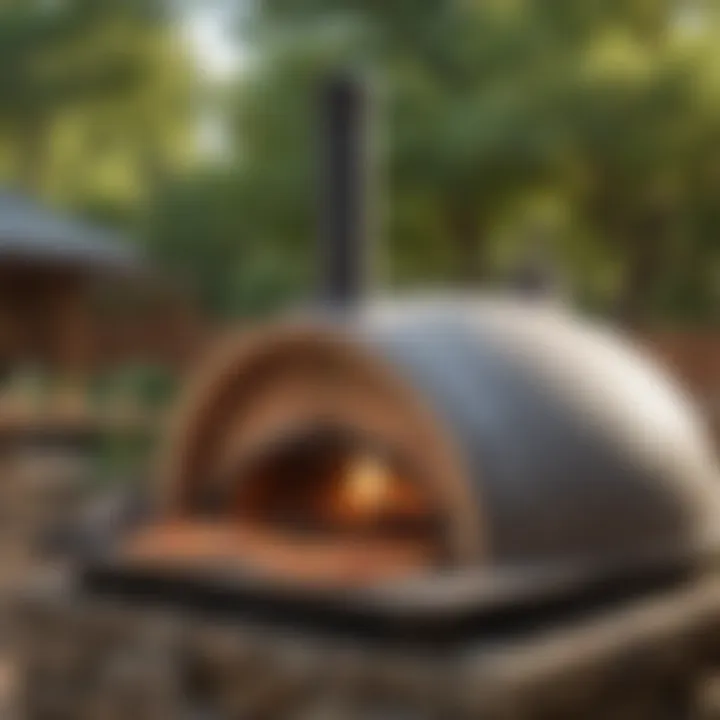 An outdoor setup featuring a propane pizza oven amidst a lively gathering