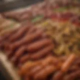 A vibrant display of various vegan chorizo products on a market shelf