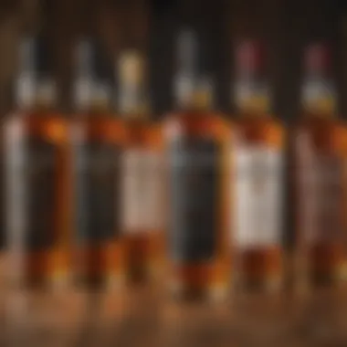 A selection of premium whisky bottles displayed on a polished wooden surface.