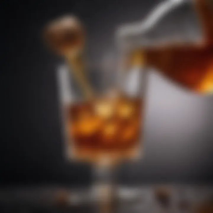 A close-up shot of whisky pouring into a glass, highlighting the rich color and texture