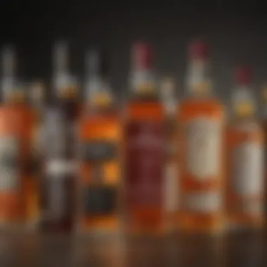 An artistic arrangement of various whisky bottles, showcasing different styles and labels