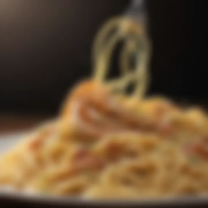 A close-up view of a fork twirling carbonara pasta