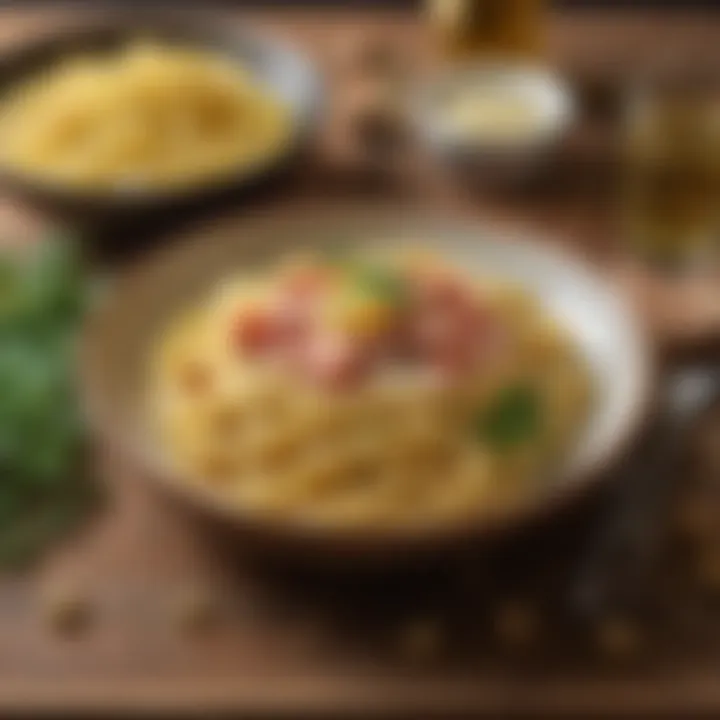 Ingredients for carbonara displayed elegantly on a wooden table