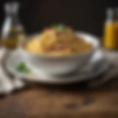 Rustic Bowl of Carbonara A rustic bowl of carbonara pasta with a rich creamy sauce