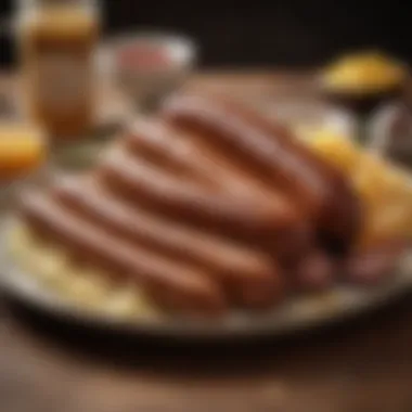 Traditional German Sausages A beautifully arranged plate of traditional German sausages with sauerkraut and mustard.