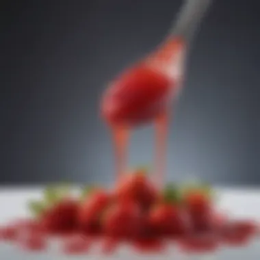 A close-up of a spoonful of strawberry syrup, highlighting its rich texture and vibrant color against a contrasting backdrop.