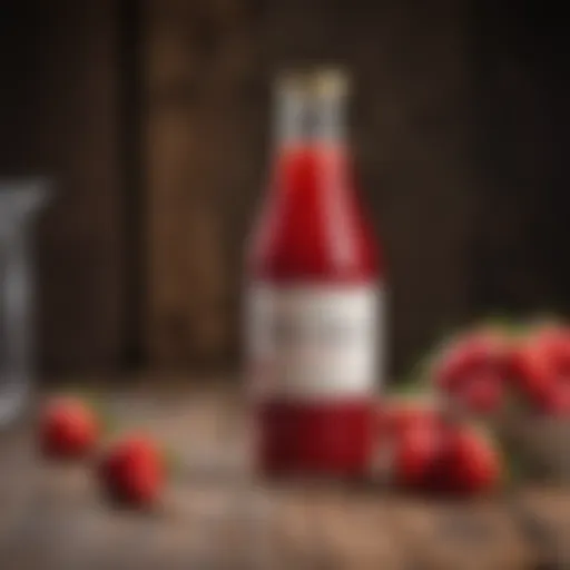 A vibrant bottle of homemade strawberry syrup placed on a rustic wooden table, surrounded by fresh strawberries.