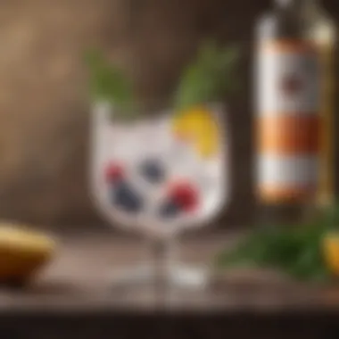 A visually appealing gin cocktail garnished with herbs and fruit