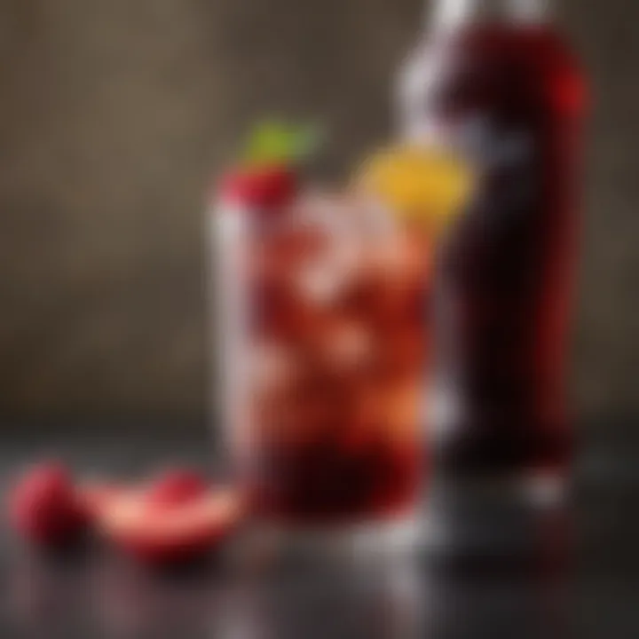 A cocktail glass filled with a vibrant Dr Pepper beverage garnished with fresh fruits