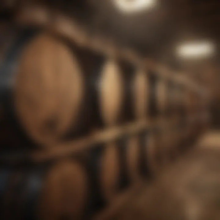 Barrels aging bourbon in a rustic warehouse