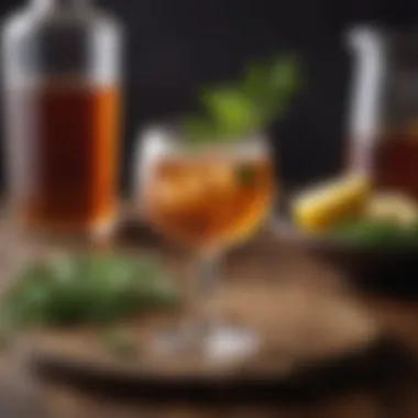 Elegant Bourbon Cocktail An elegant bourbon cocktail garnished with fresh herbs
