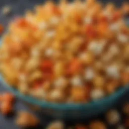 A close-up of popcorn coated in sriracha sauce, showcasing its vibrant color and texture.