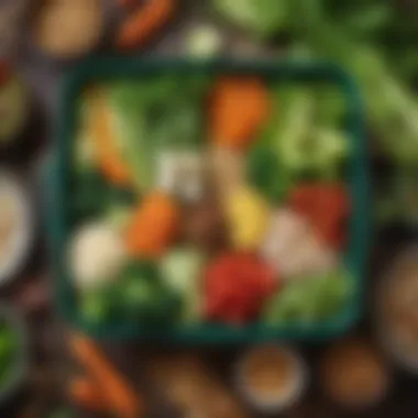 Vibrant Ingredients in a Green Bento Box Artistic arrangement of a green bento box filled with vibrant vegetables and grains.
