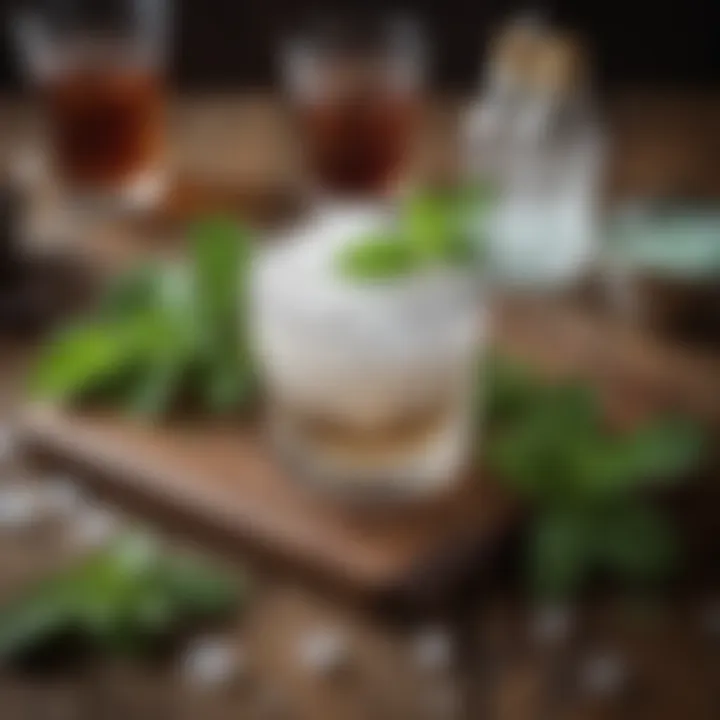 A beautifully arranged selection of fresh mint, crushed ice, and cocktail ingredients on a rustic wooden table.