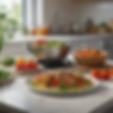 A kitchen scene with sprouts and bell peppers arranged for meal prep, illustrating healthy eating