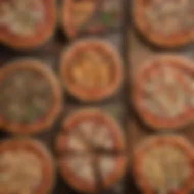 An array of different pizza styles lined up on a rustic wooden table