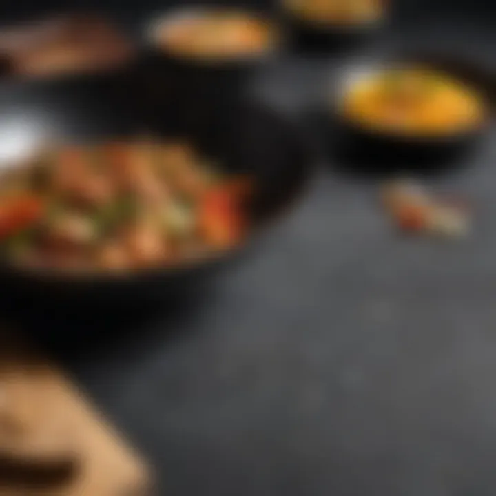 An assortment of premium woks made from various materials like cast iron and stainless steel.