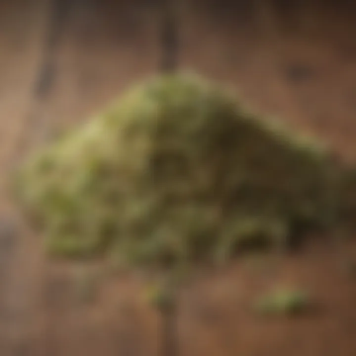 Close-up of dried oregano sprinkles on a rustic wooden table