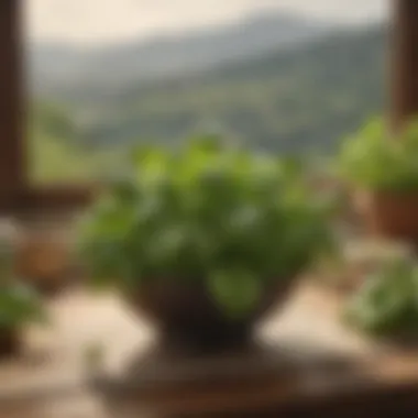 Fresh basil leaves with a backdrop of Italian countryside