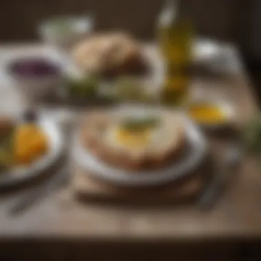 A rustic table setting featuring Mediterranean staples such as olive oil and bread