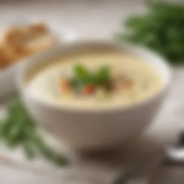 A visually appealing bowl of creamy soup topped with herbs