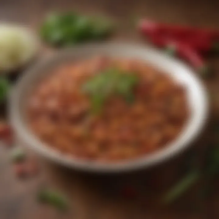 An elegant plate featuring chili garnished with fresh herbs and a variety of beans.