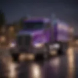 Purple truck lights illuminating a nighttime road