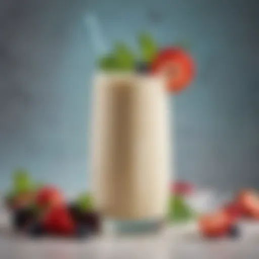 A creamy vanilla smoothie garnished with fresh berries and mint leaves.