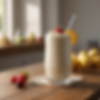 Refreshing Vanilla Smoothie Presentation A glass of vanilla smoothie with a straw placed on a wooden table.