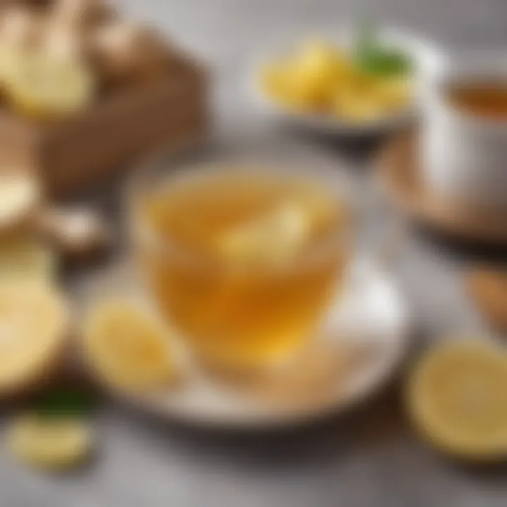 An artistic arrangement of ginger tea with lemon slices and honey, highlighting its soothing properties.