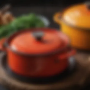 Vibrant Enamel Finish of a Dutch Oven Close-up of a Dutch oven showcasing its enamel finish and vibrant color